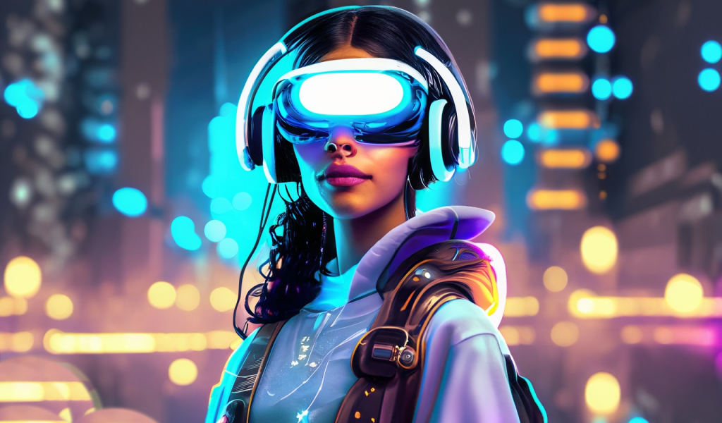 Firefly Beautiful Young Girl With Headsets For Metevarse On Her Face, Virtual Futuristic City In The