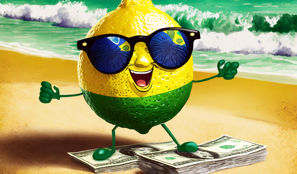 Firefly A Dancing Lemon With Black Sunglasses With Brasil Flag Is Playing With Money On The Beach 94