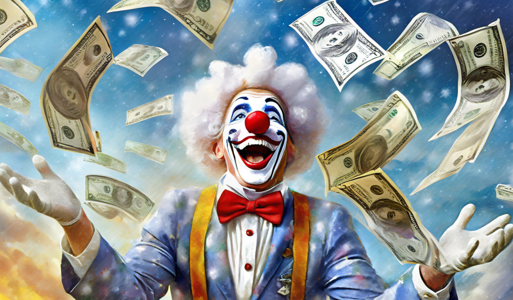Firefly A Clown Throwing Dollars Banknotes In The Air Showing The Sky Background 96004