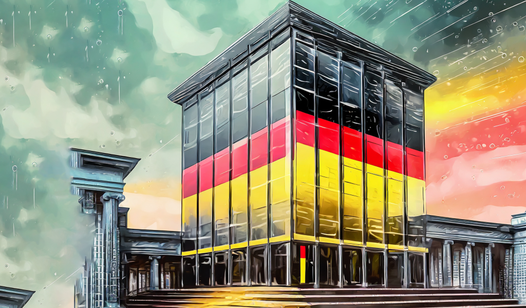 Firefly A Central Bank In Germany, A Modern Glass Tower With The German Flag Outside 94527