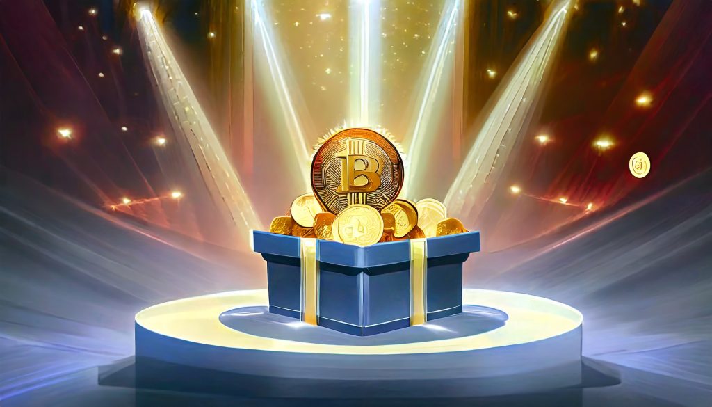 Firefly A Gift Box On The Stage Under Spotlights Full With Bitcoin Coins Inside 75579