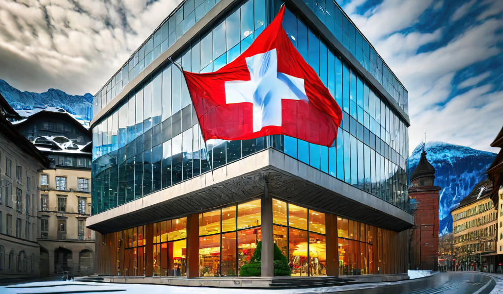 Firefly A Glass Bank Building In Swiss In Downtown With Swiss Flag Outside 88444