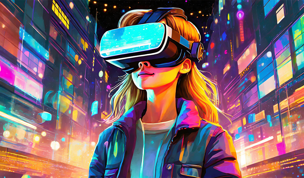 Firefly Metaverse; Girl In Vr Glasses Using Virtual Reality Headset Outdoor, Nightlife Experience Wi (1)