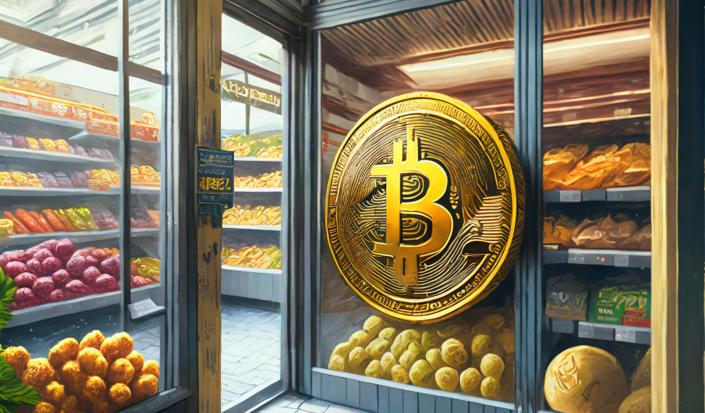 Firefly A Grocery Store Entrance With A Bitcoin Coin On The Window 22291