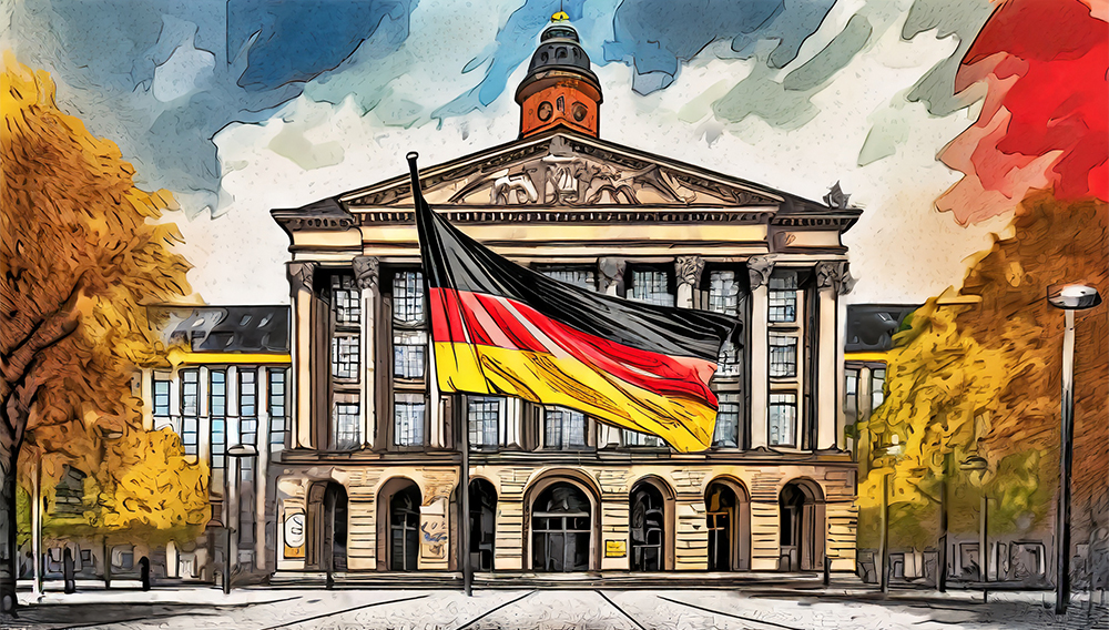 Firefly A Bank Building In Downtown In Munchen, With The German Flag Anchored Outside 36968
