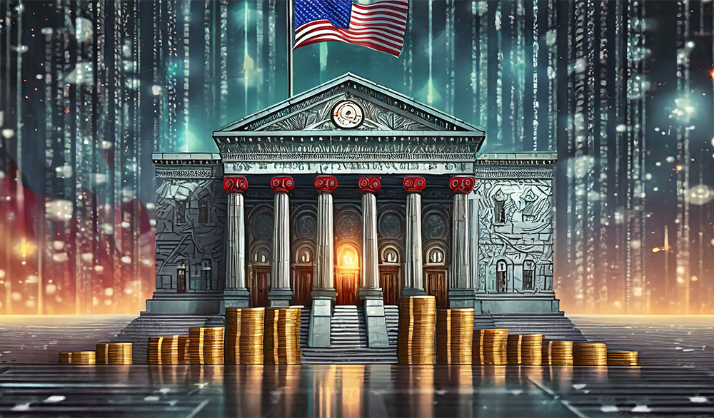 Firefly A Central Bank Building With Dollars, American Flag, Coins 49868