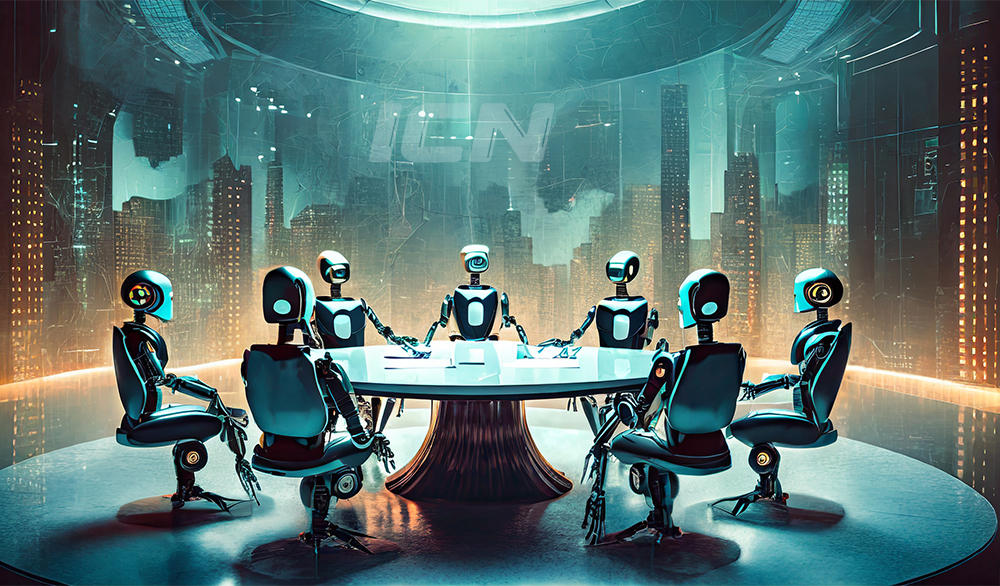 Firefly A Round Table With High Tech Artificial Intelligence Robots Talking Business Like A Board Of