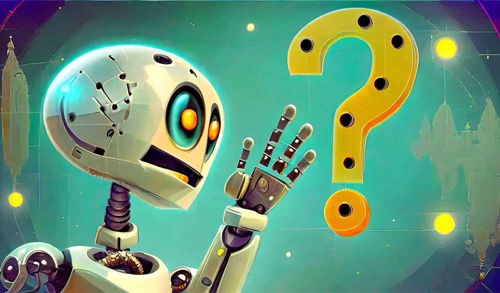 Firefly An Artificial Intelligence Robot Lauphing And Having A Question Mark Next To It 37527