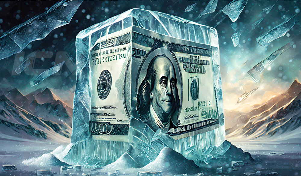 Firefly Dollar Bills Freezed Inside Of A Gigantic Ice Cube, Winter Background 64954