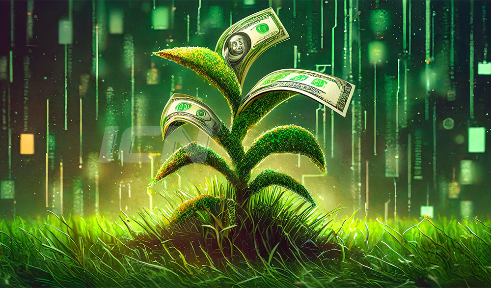 Firefly Dollar Bills Growing Out As A Plant From The Green Grass 76231