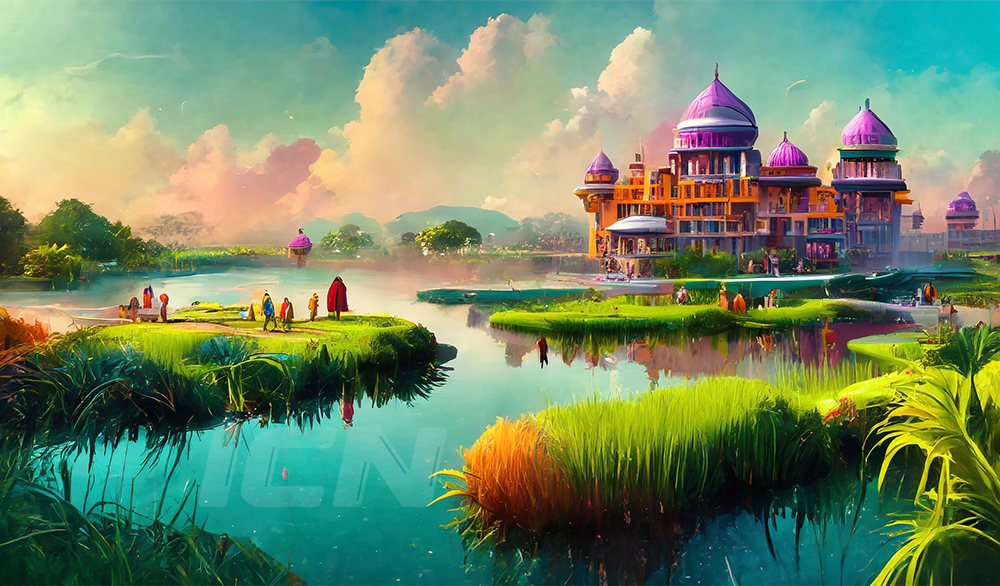 Firefly Futuristic Indian City On Water Surrounded By Beautiful Grass Graphic Digital Vibrant Colors