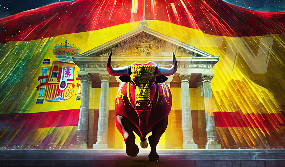 Firefly A Bull In Front Of A Central Bank Building In Spain, Spain Flag Elements 29968