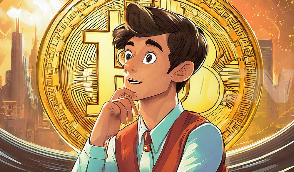 Firefly A Man Sitting In Front Of A Bitcoin Coin, Looking At It With Wonder, Thinking Mood, His Hand