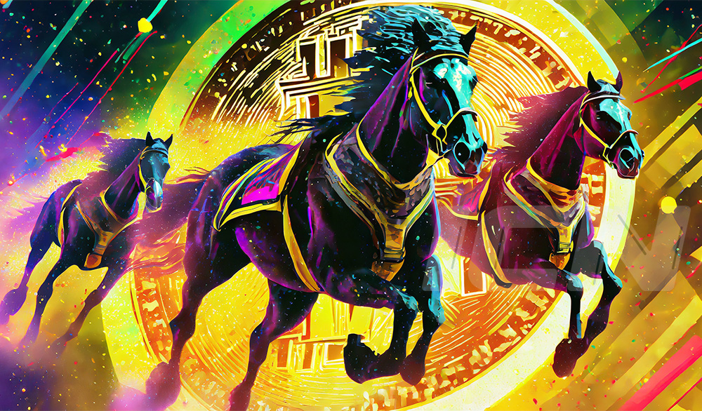 Firefly A Race Between Multiple Horses, Very Close To The Finish Line, Runnig After A Bitcoin Coin,