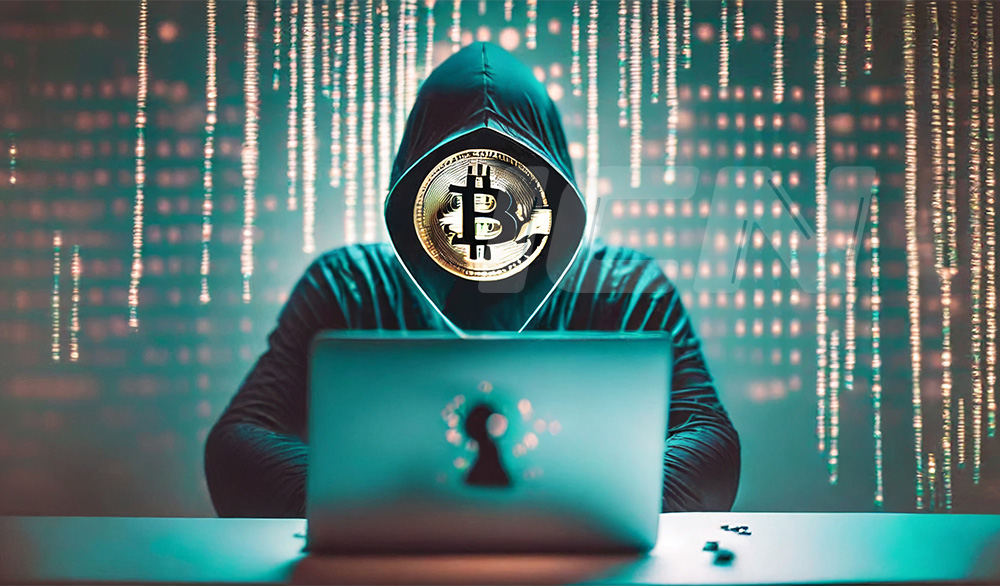 Firefly A Secret Identity Person Showing No Face In Front Of His Laptop, With A Bitcoin Coin Behind