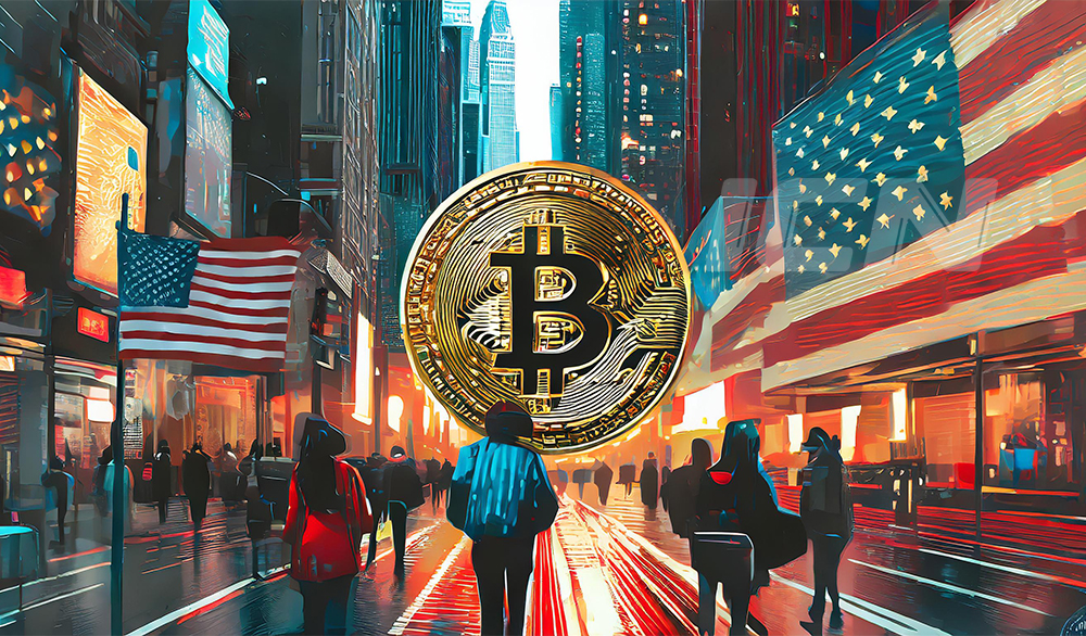 Firefly A Bitcoin Coin On The Street On Ny, People Admiring It, American Flags 66510