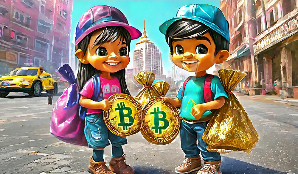 Firefly 2 Happy Kids Collecting Bitcoin Coins From The Street Putting Them In Their Bags 24129