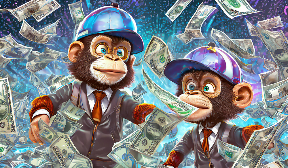 Firefly Apes Heads, No Theets Showing With Sports Caps Playing With Dollar Bills Coming Out From A T