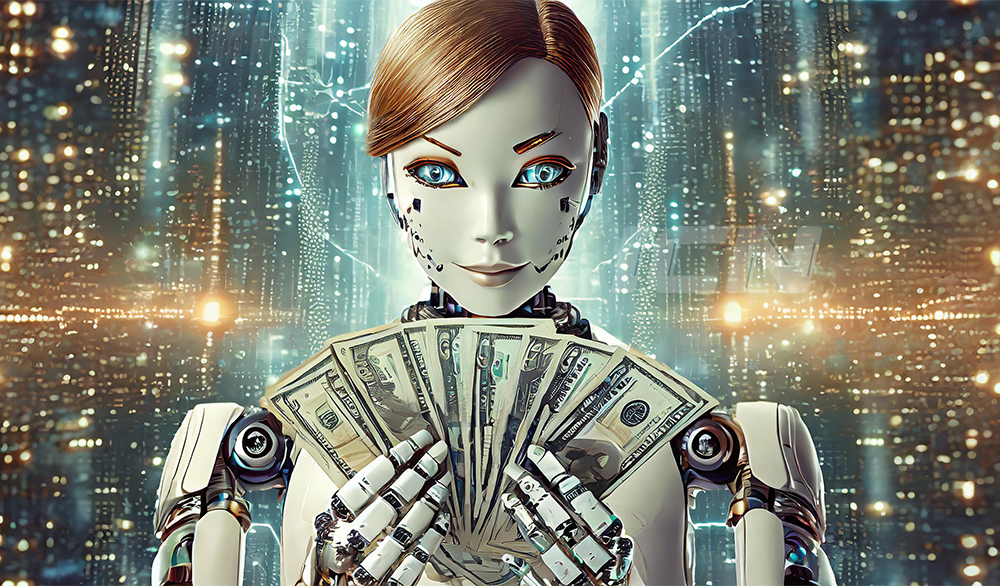 Firefly Artificial Intelligence Concept Of A Half Human Half Robot Holding A Lot Money In Her Hands