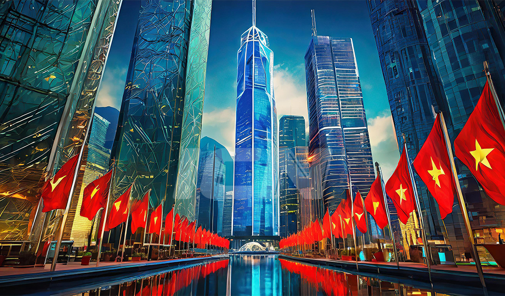 Firefly Hongkong Finance Center, Glass Buildings In Downtown, China Flag Elements 89048