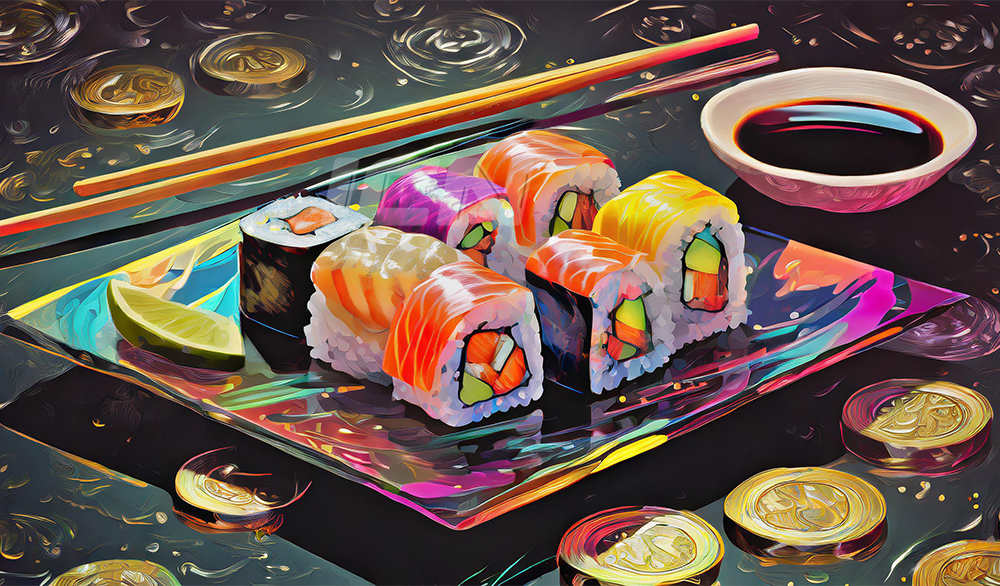 Firefly Sushi Plate, Chopsticks And Soy Sauce On A Dark Background With Coins Over The Table 57701