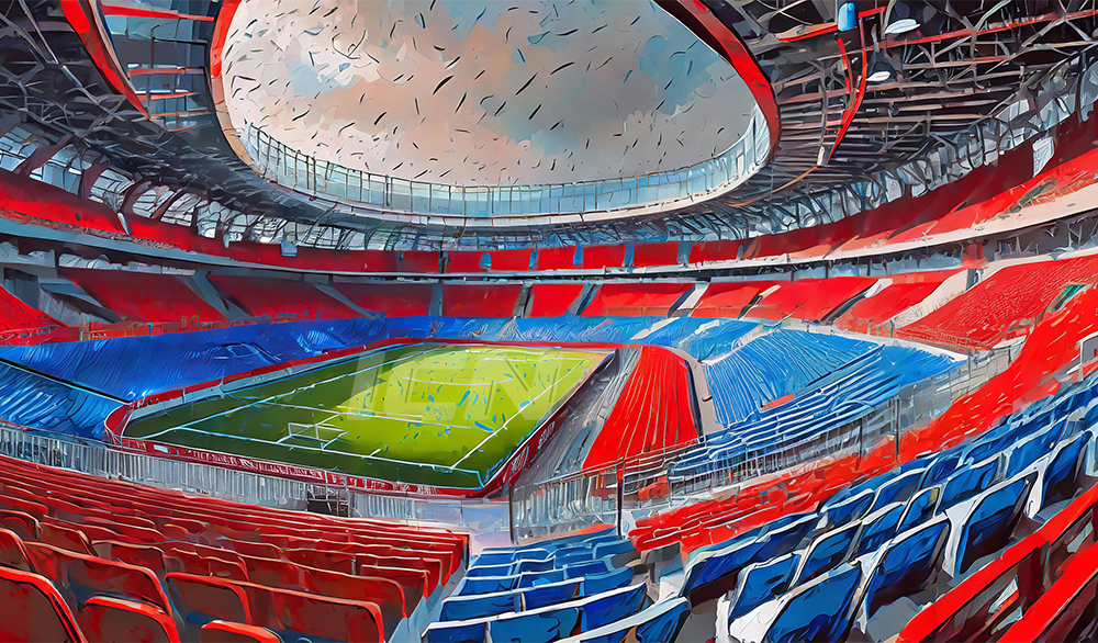 Firefly A Football Stadium In Paris, Inside View, Red And Blue Seats, The Pitch Included 46163
