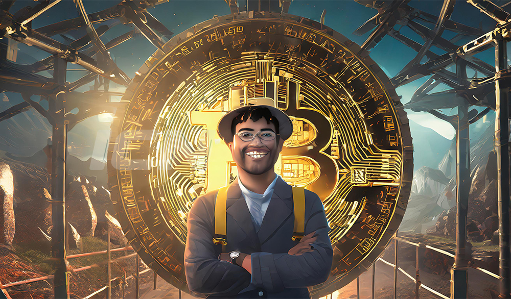 Firefly A Happy Miner In Front Of A Bitcoin Mining Gate 33126