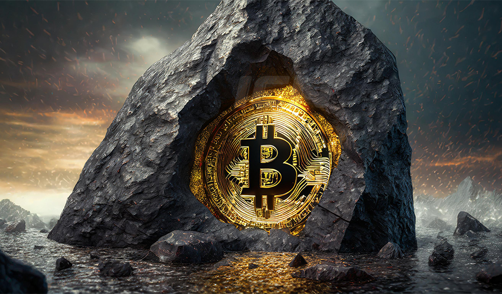 Firefly A Huge Black Rock With A Bitcoin Coin Inside, Very Rare Stone, Digital Money Background Styl