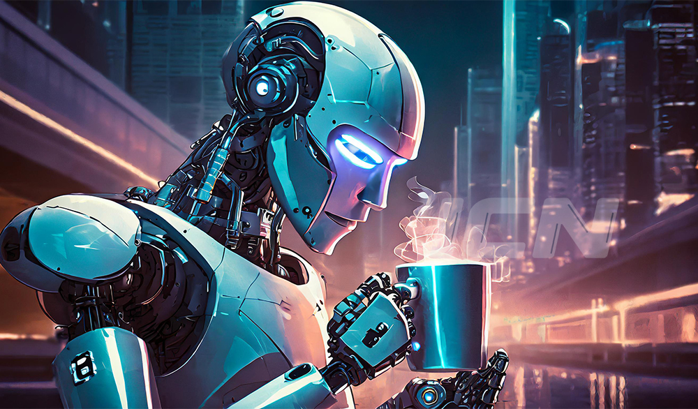 Firefly Human Like Robot Drinking Coffee In A Mug, Futuristic Tech Design 71414