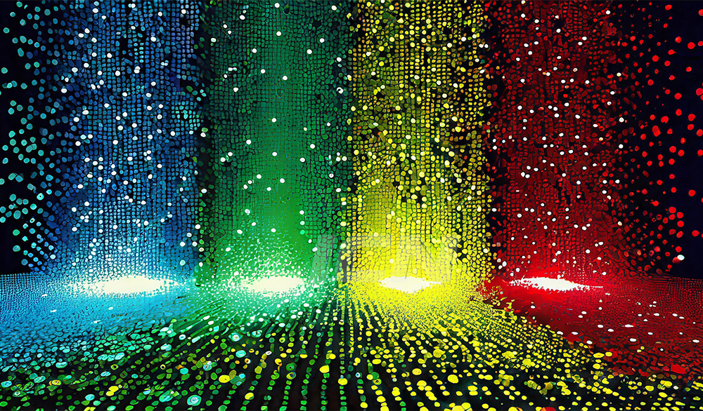 Firefly 4 Dots In 4 Colors, One Green, One Blue, One Red And One Yellow, On A Digital Background, Go