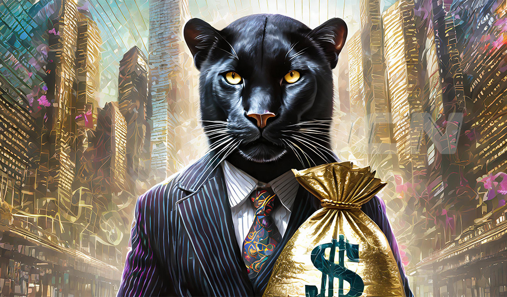 Firefly A Black Panther With A Bag Of Money In Front Of Her Body, She Stands 93335