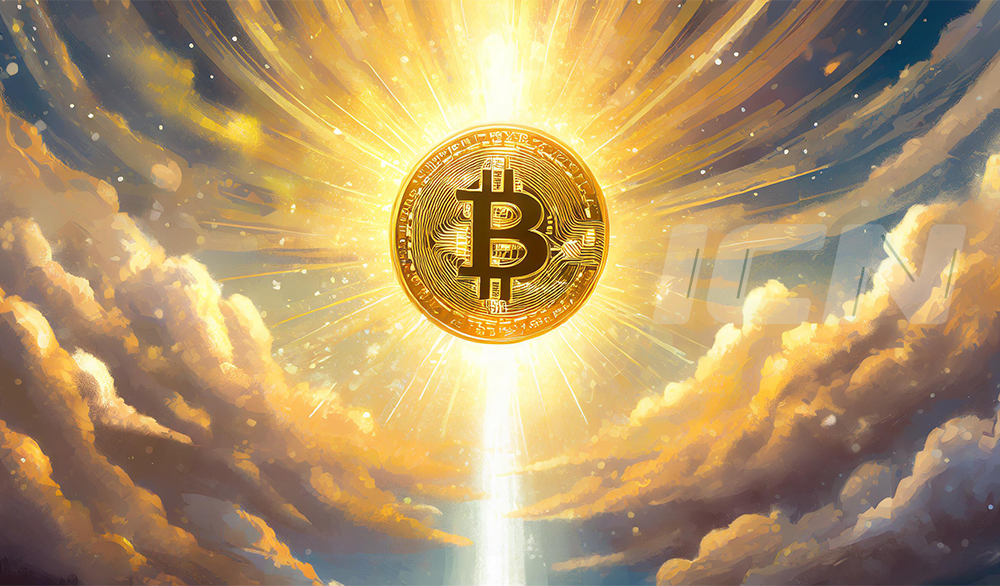 Firefly A Bitcoin Coin Going To The Sky On A Light White Sun, Divine Scene, Angle From Below 88402