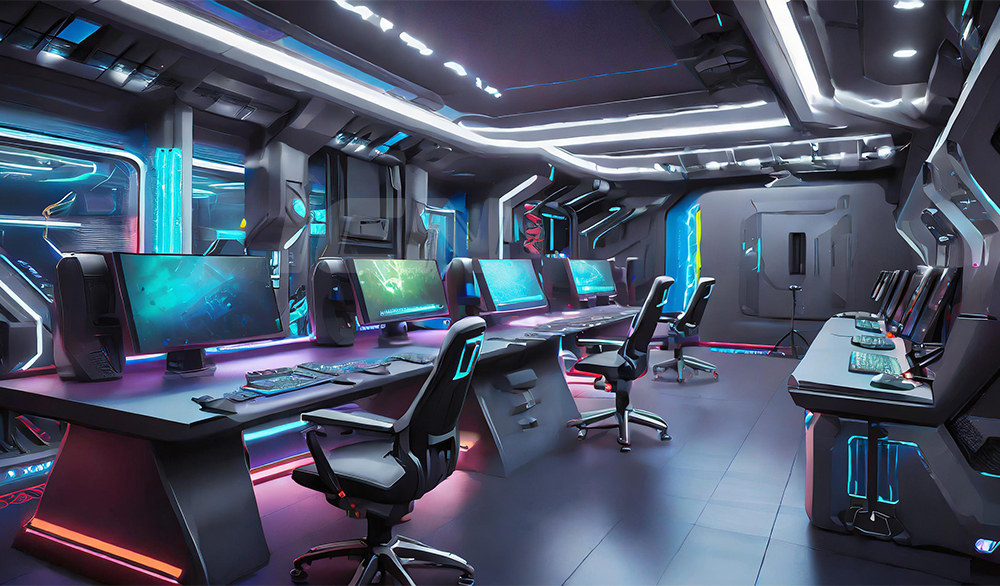 Firefly A Futuristic Gaming Studio, Multiple Desks, Individual Spots, High Tech Style 21640