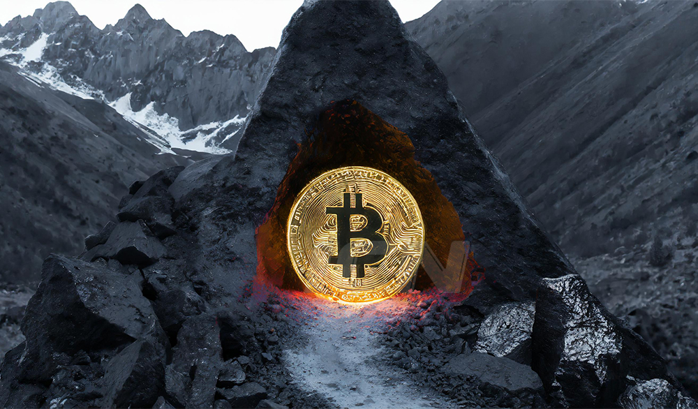 Firefly A Mining In The Mountains With A Bitcoin Coin Right In Front Of Its Entrance 11113