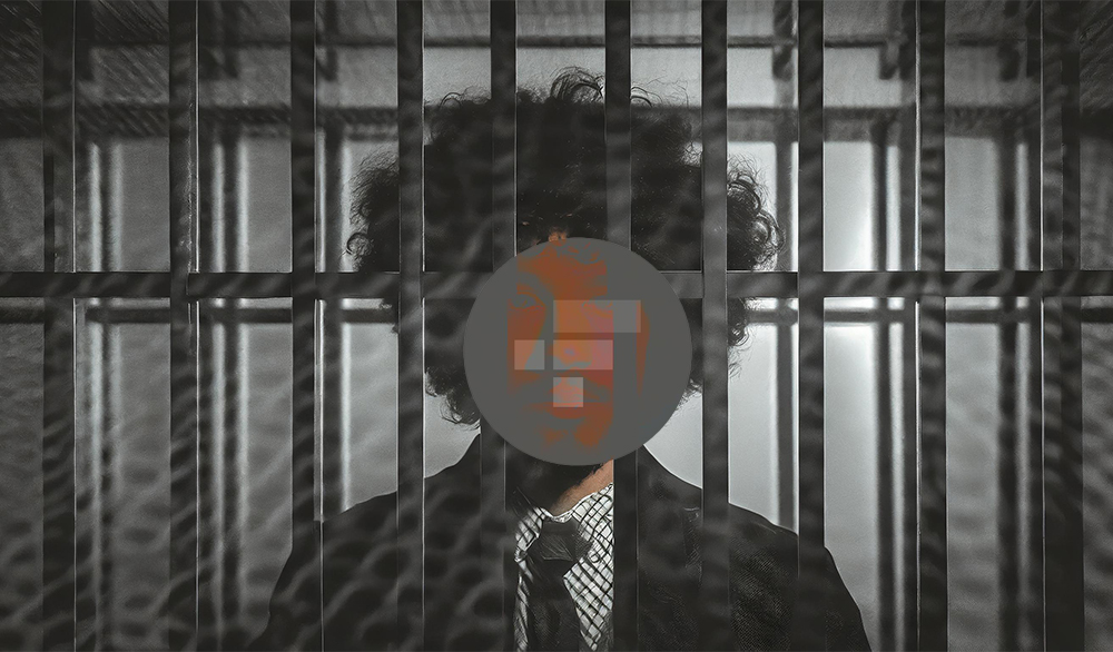 Firefly A Sentence Room With A Man Inside Behind The Bars With A Black Curly Hair, Face In The Dark