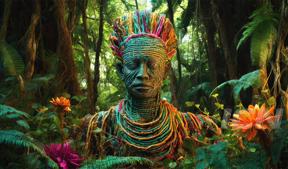 Firefly An Ancient African Statue; Science Fiction Art; Futuristic Feel; Cinematic Shot In A Jungle