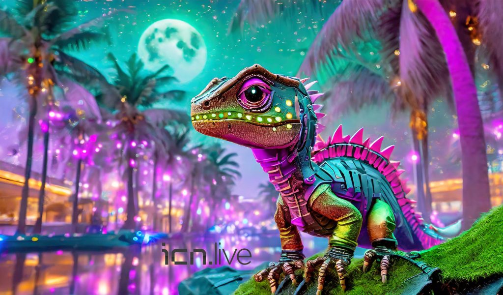 Firefly Abstract, Little Dino, Vibrant, With Palm Trees In The Background, Vibrant, Cyberpunk 35260