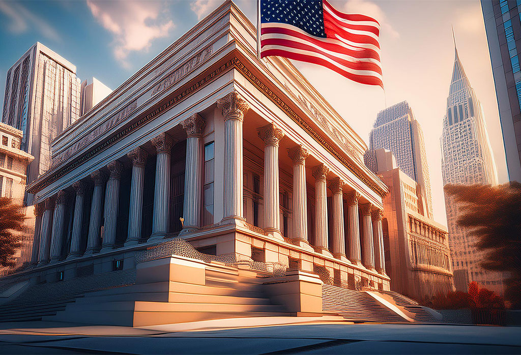 Firefly A Financial Banking Building In The Usa With A Newspaper Style Elements, Large Usa Flag Outs