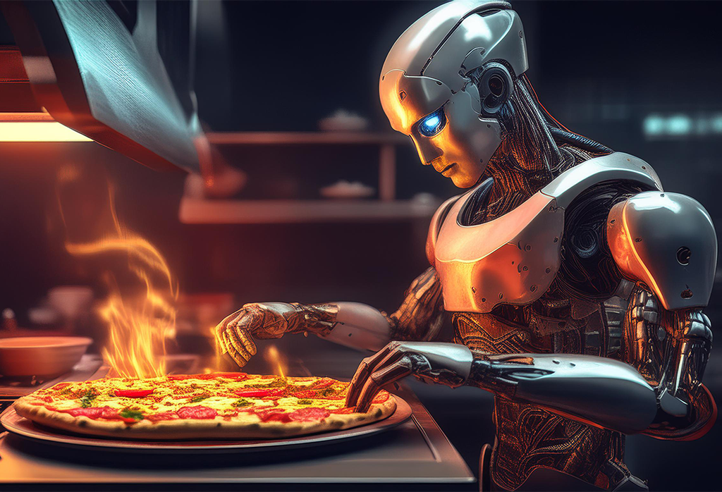 Firefly A Humanoid Robot Cooks In The Kitchen A Pizza, Close Up, Half Body Only 24276 Ok