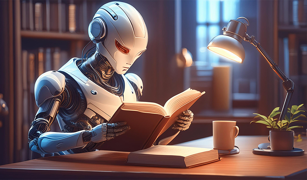 Firefly A Humanoid Robot Reading A Book At The Desk 17664