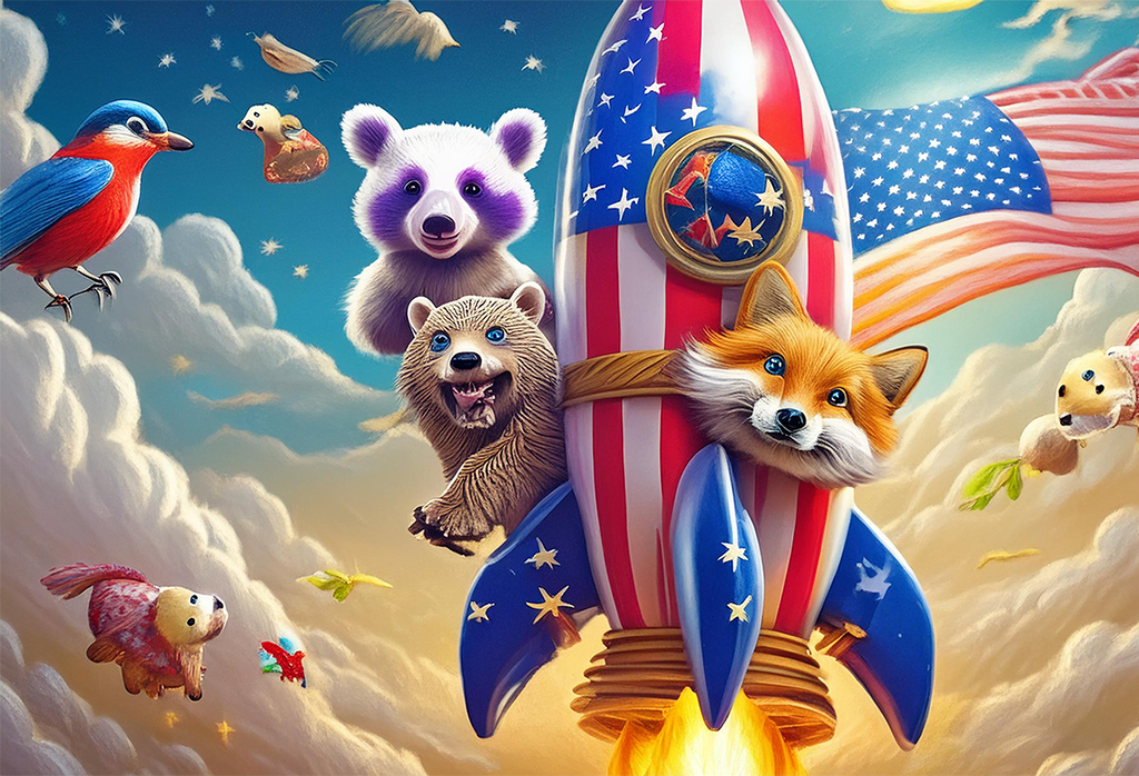 Firefly A Rocket With Animals Flying To The Sky, American Flag Attached 77466 698