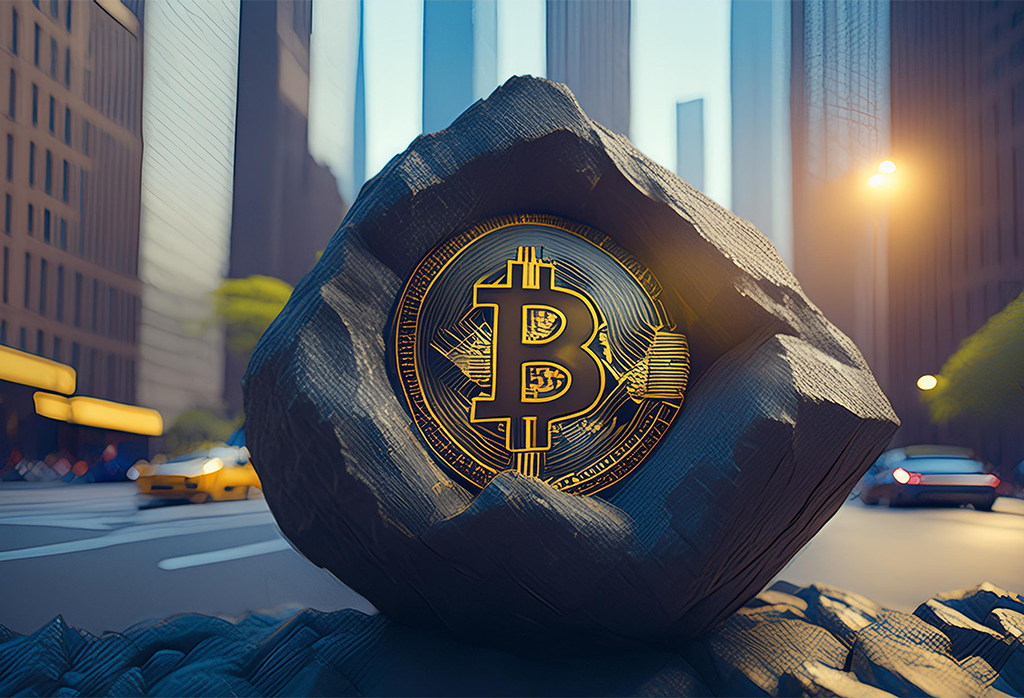 Firefly A Large Black Rock With A Bitcoin Coin Inside, In Front Of New York Financial Center, Street