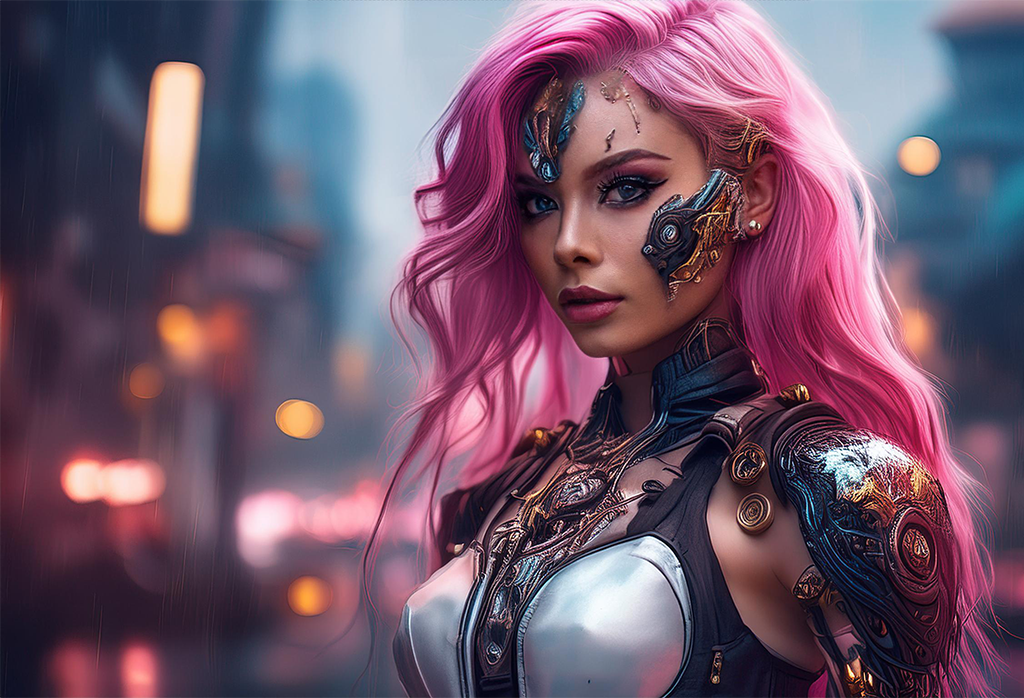 Firefly Robot Face Elements On Her Face, Attractive Female Superhero, Long Pink Hair, Leather And Fl