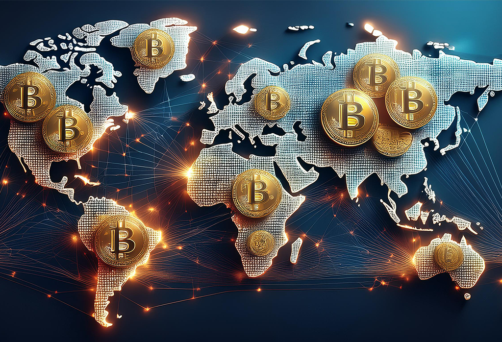 Firefly The World Map With A Huge Network Of Bitcoin Coins On Every Continent, Inter Connected 38593