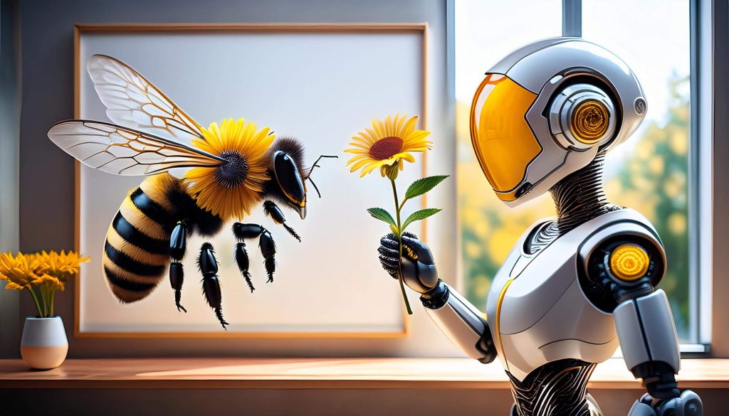 Firefly A Polite Modern Robot That Holds Out A Flower To Make Honey For A Picture Of A Bee In A Larg (1)